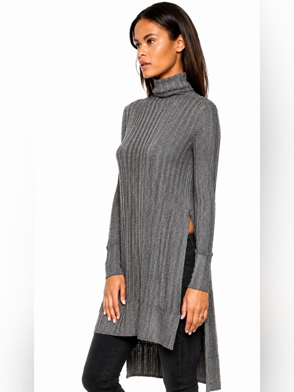 We The Free | Gray Ribbed Turtleneck Lightweight Tunic, Size L